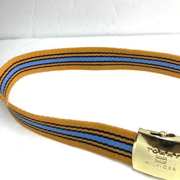 Tommy Hilfiger Canvas Ratchet Gold Buckle Belt yellow Blue Striped Ajustable - Picture 10 of 16